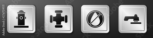 Set Fire hydrant, Industry metallic pipe, Water drop forbidden and Water tap icon. Silver square button. Vector.