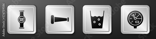 Set Water meter, Industry metallic pipe, Glass with water and Water meter icon. Silver square button. Vector.
