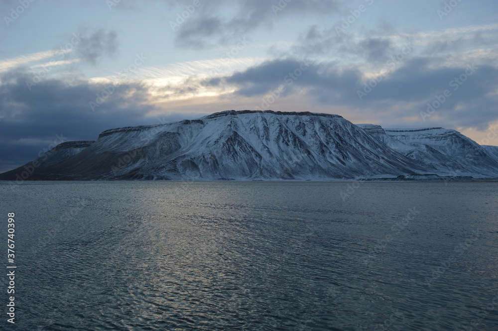 Sunset in the ice fjords of the Norwegian Archipelago of Svalbard (Spitsbergen), Norway