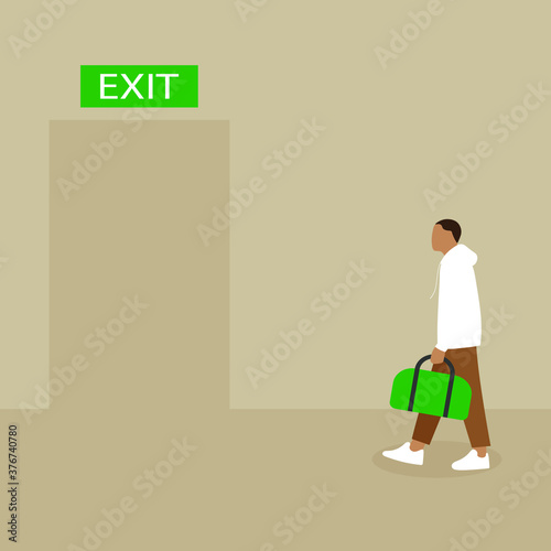 A man with a sports bag in hand goes to the door with the words "Exit"