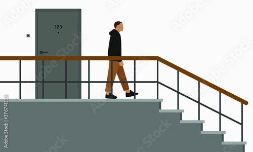 Male character going the staircase leaving the door apartment