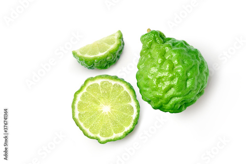 Flat lay (top view) of Bergamot fruit with cut in half and sliced isolated on white background.