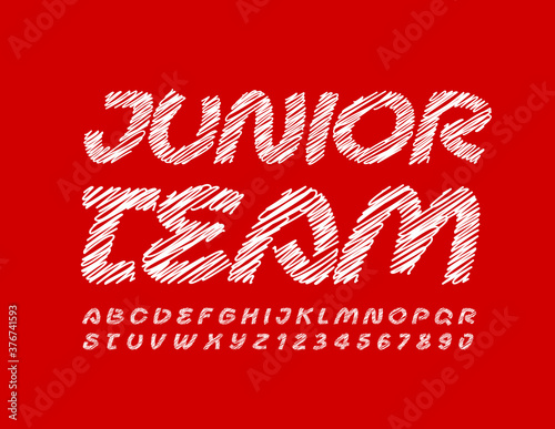 Vector sketch sign Junior Team. White chalk Font. Drawing creative Alphabet Letters and Numbers set