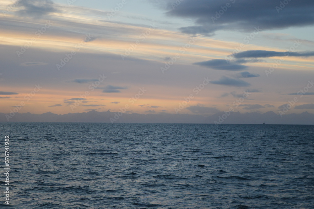 Sunset in the ice fjords of the Norwegian Archipelago of Svalbard, Norway