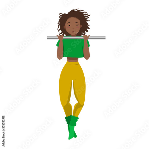 Athletic dark-skinned girl pulls up on the crossbar. Flat vector illustration for a sports Studio on a white isolated background.