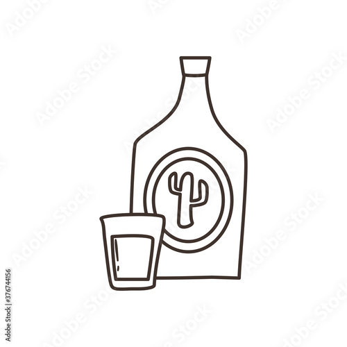 mexican tequila bottle with shot free form line style icon vector design