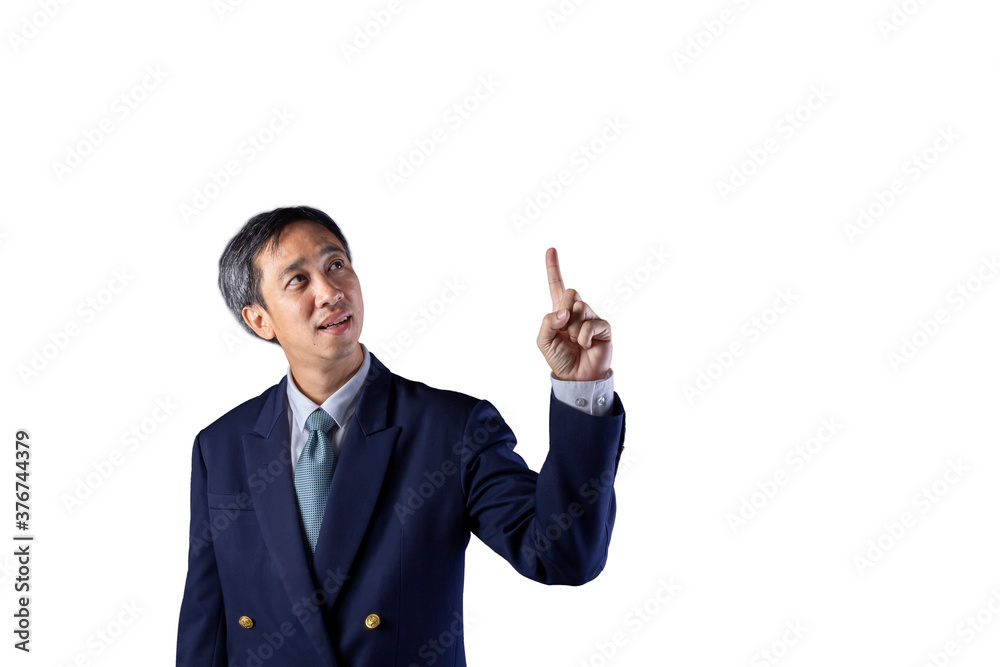 Asian business man wearing a suit think and point finger up with a little smile isolated on white background with copy space and clipping path Asian business man wearing a suit think and point finger up with a little smile isolated on white background with copy space and clipping path