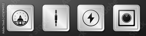 Set Ampere meter, multimeter, voltmeter, Audio jack, Lightning bolt and Electric light switch icon. Silver square button. Vector.