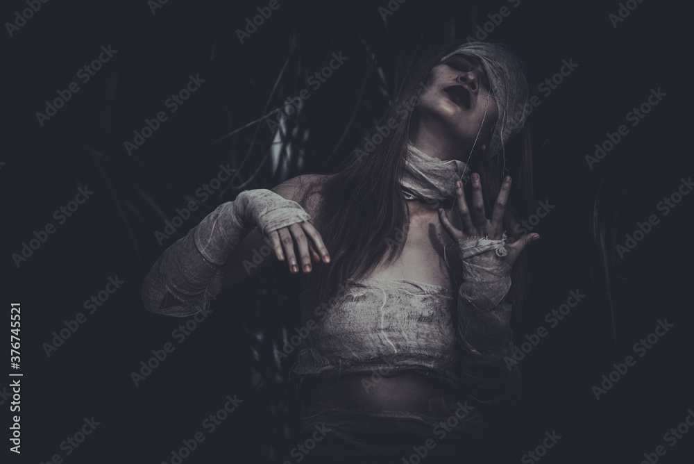 Portrait of beautiful asian sexy woman wear mummy costume in the  forest,Horror movie Scene,Halloween poster Stock Photo | Adobe Stock
