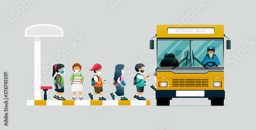 All students put on protective masks and board the school bus.