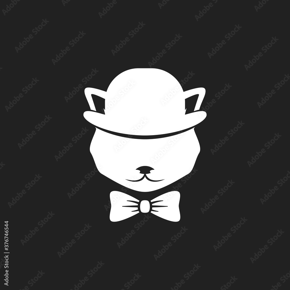 cat's head with bow tie and bowler hat isolated on black cat's head with bow tie and bowler hat isolated on black