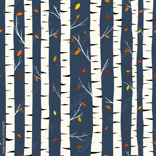 Birch seamless pattern, vector background with hand drawn birch trees