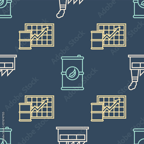 Set line Oil industrial factory building, Oil price increase and Bio fuel barrel on seamless pattern. Vector.