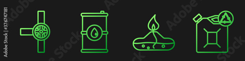 Set line Alcohol or spirit burner, Industry pipes and valve, Barrel oil and Eco fuel canister. Gradient color icons. Vector.