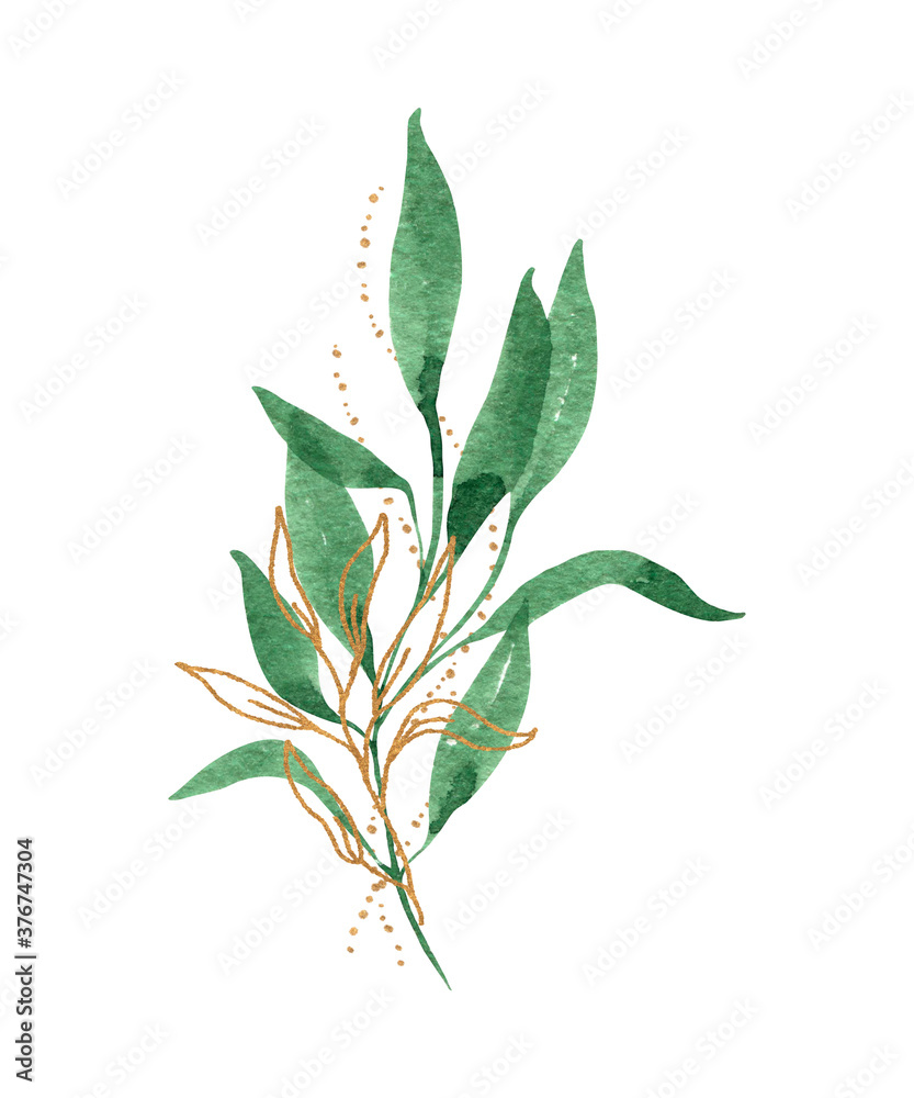 Fototapeta premium Watercolor composition of green leaves and gold elements isolated on a white background. For logos, wedding decor, greeting cards, icons, and Wallpapers