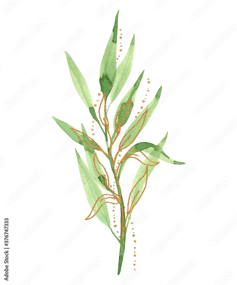 Watercolor composition of green leaves and gold elements isolated on a white background. For logos, wedding decor, greeting cards, icons, and Wallpapers Watercolor composition of green leaves and gold elements isolated on a white background. For logos, wedding decor, greeting cards, icons, and Wallpapers