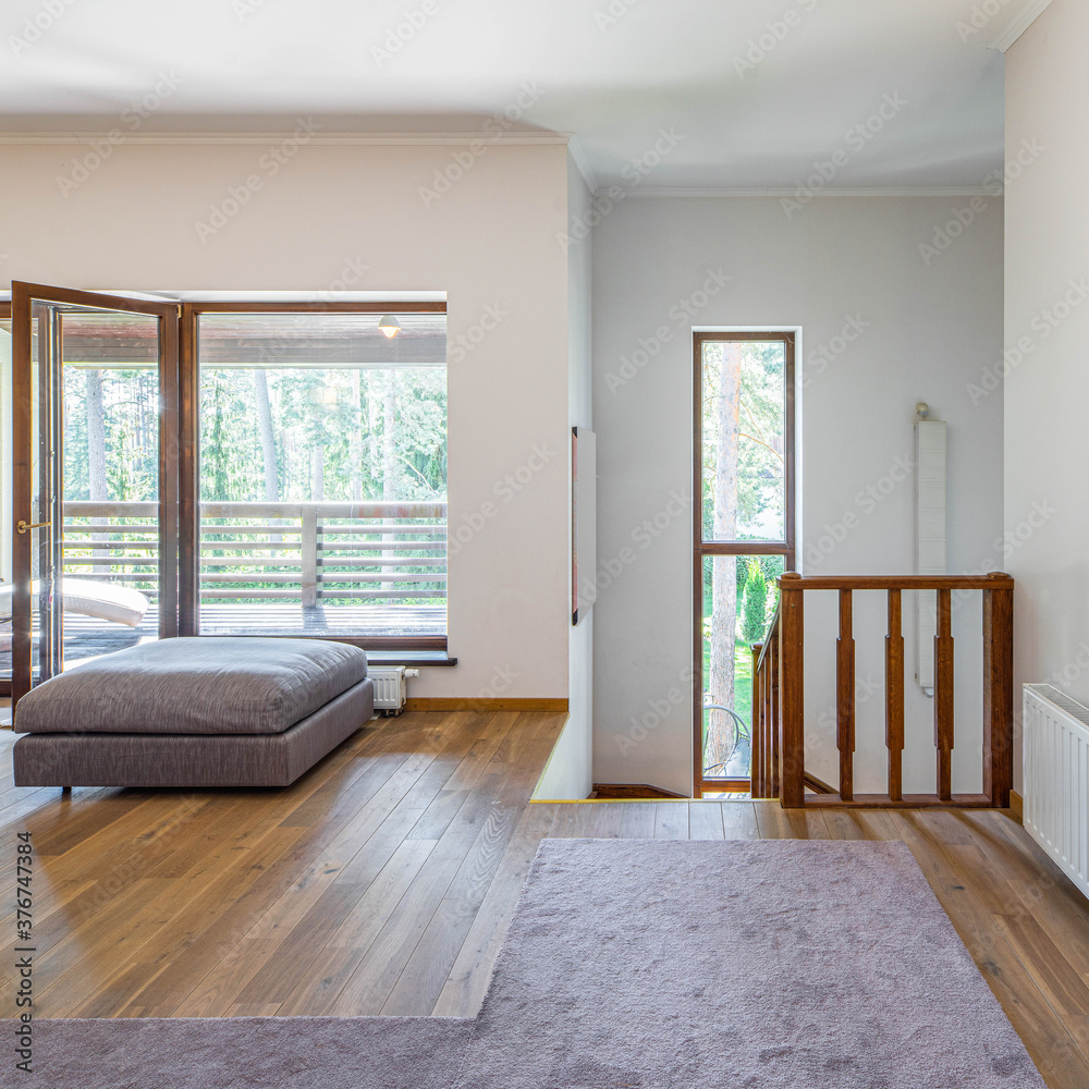 Obraz premium Modern interior of hall in luxury private house. Cozy sofa. Glass door to terrace. Stairs down.