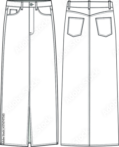 Denim Maxi Skirt. Vector sketch