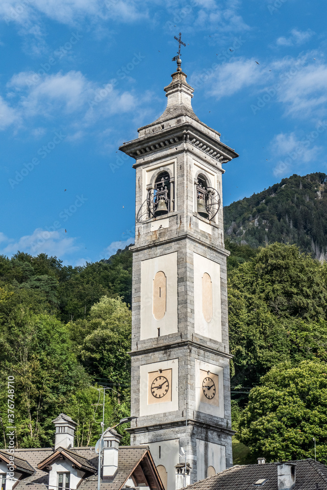 Beautiful bell tower of the sanctuary in Vigezzo Valley in Re