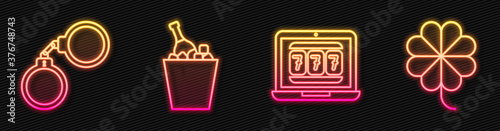 Set line Laptop and slot machine, Handcuffs, Champagne in an ice bucket and Casino slot machine with clover. Glowing neon icon. Vector.