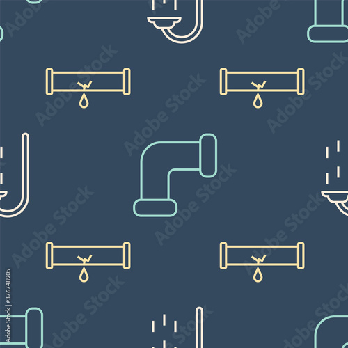 Set line Shower, Broken pipe with leaking water and Industry metallic pipe on seamless pattern. Vector.