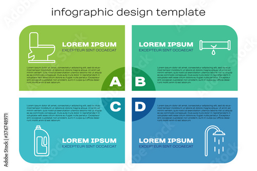 Set line Container with drain cleaner, Toilet bowl, Shower and Broken pipe with leaking water. Business infographic template. Vector.