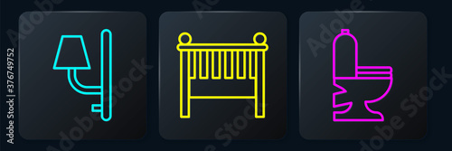 Set line Wall sconce, Toilet bowl and Baby crib cradle bed. Black square button. Vector.