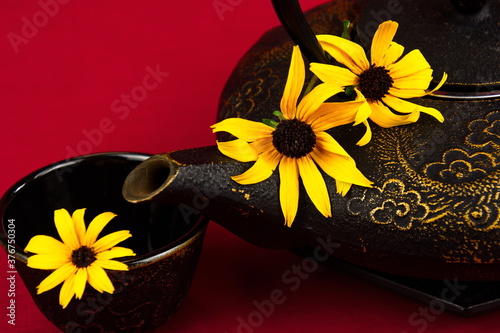 Close-up of a cast iron teapot accented with daisies. photo