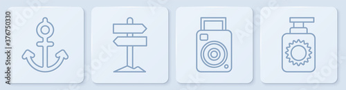 Set line Anchor, Photo camera, Road traffic signpost and Sunscreen spray bottle. White square button. Vector.