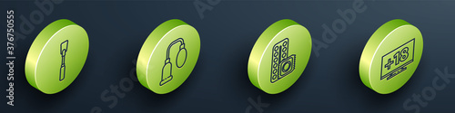 Set Isometric Leather whip, Penis pump, Birth control pills and condom and Monitor with 18 plus content icon. Vector.