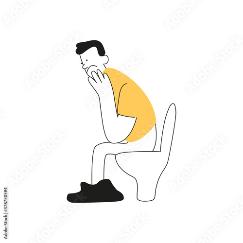 The man on the toilet is constipated. Problems of defecation in humans. Vector illustration of gastroenterology medical posters