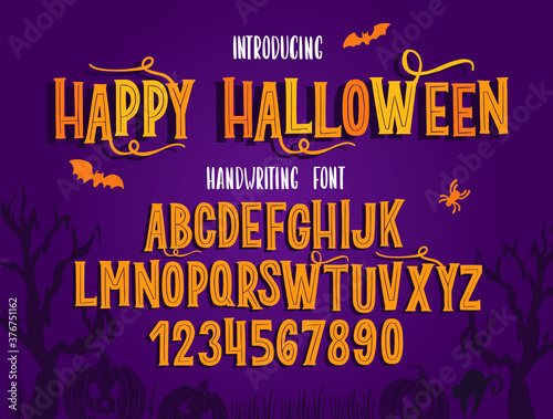 Halloween font. Typography alphabet with colorful spooky and horror illustrations.