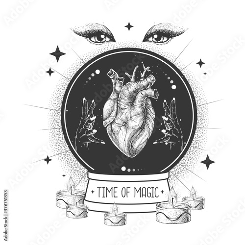 Witchcraft magic globe silhouette with human heart. Vector illustration