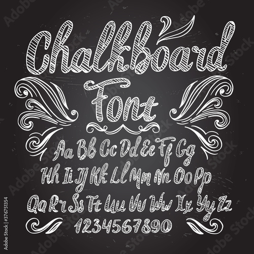 Chalkboard font. Typography alphabet with illustrations.