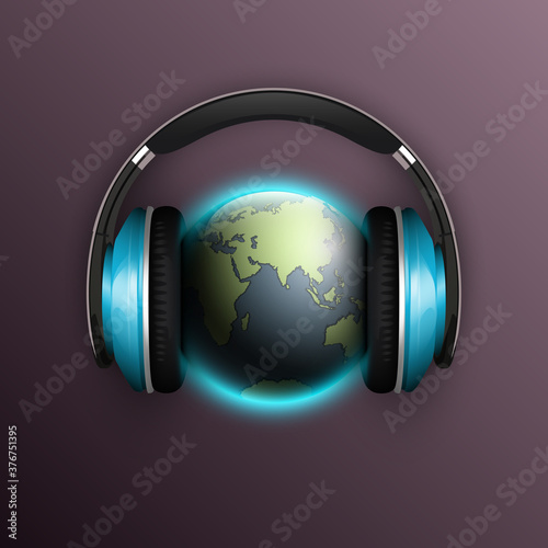 world map headphones. Globe headphone icon, space sunlight. Planet Earth sunny glow background earphones. Continents world Sunshine picture. Colorful solar eclipse earphones poster presentation