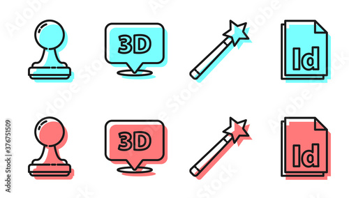 Set line Magic wand, Stamp, Speech bubble with text 3D and ID File document icon. Vector.