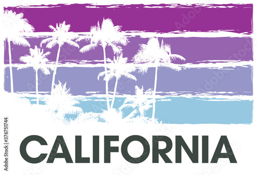 Color summer sky tropical background with exotic palm leaves and plants california banner. Art heaven floral california background