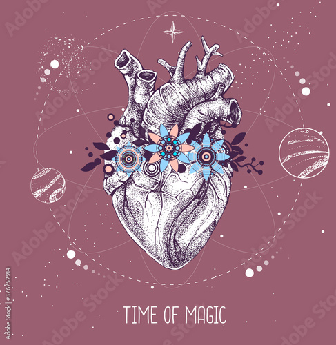 Modern witchcraft magic card with human heart. Astrology love horoscope. Vector illustration