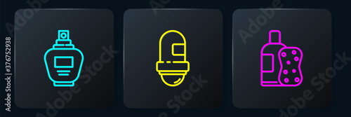 Set line Perfume, Bottle of shampoo and sponge and Antiperspirant deodorant roll. Black square button. Vector.