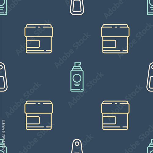 Set line Hand mirror, Cream lotion cosmetic tube and Spray can for hairspray on seamless pattern. Vector.