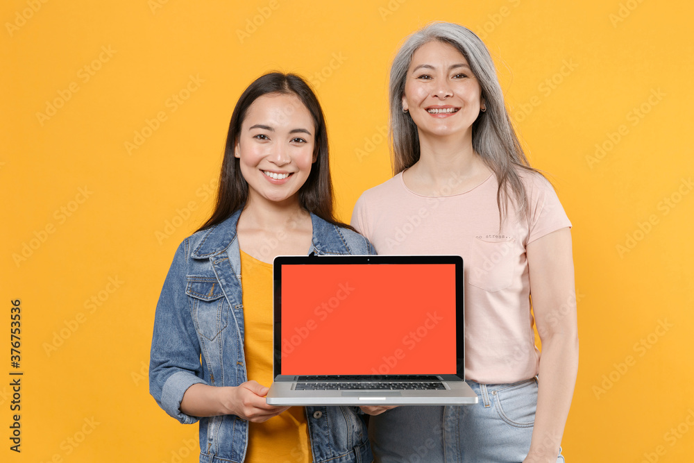 Smiling family asian women girls gray-haired mother brunette daughter in casual clothes hold laptop computer with blank empty screen mock up copy space isolated on yellow background studio portrait. Smiling family asian women girls gray-haired mother brunette daughter in casual clothes hold laptop computer with blank empty screen mock up copy space isolated on yellow background studio portrait.
