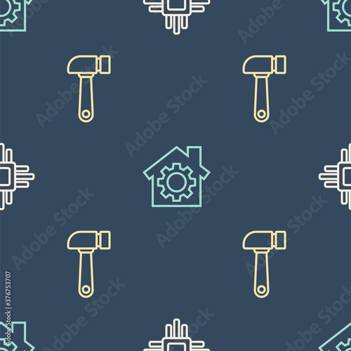 Set line Processor with microcircuits CPU, Hammer and House gear on seamless pattern. Vector.