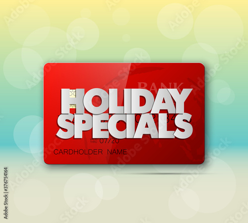 Holiday specials sale & credit bank card banner. Abstract advertising background plastic card icon. Advertising discount poster. online banking tag flyer, Promotional internet shopping sale brochure