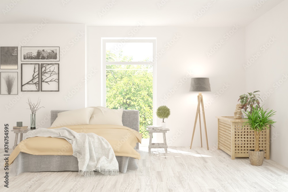Fototapeta premium White bedroom interior. Scandinavian design. 3D illustration