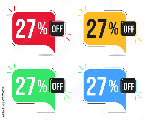 27% off. Red, yellow, green and blue tags with twenty-seven percent discount. Banner with four colorful balloons with special offers vector.