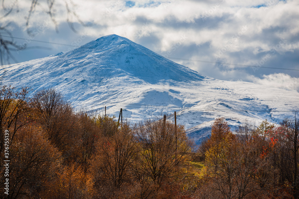 Amazing autumn landscape with snowy mountain, Armenia