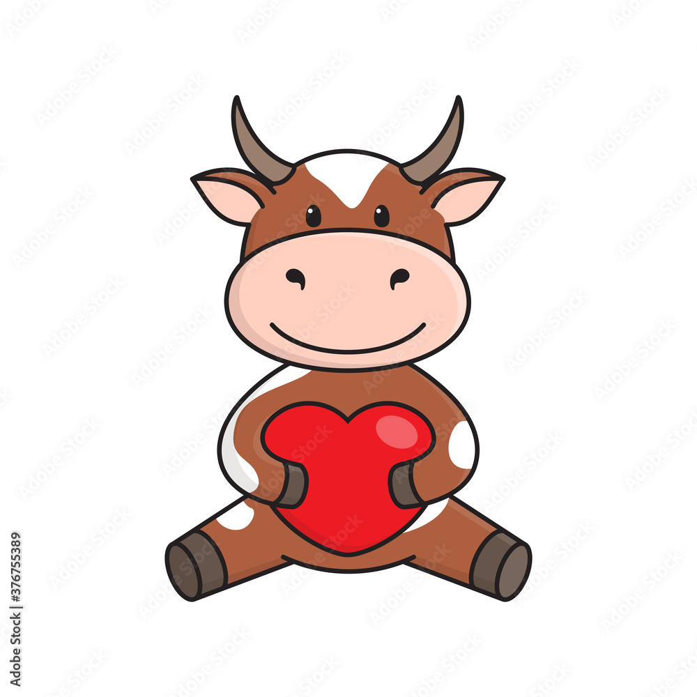 Cute red spotted cow or bull sitting and holding a heart. Ox is symbol of the New year 2021 according to Chinese or Eastern calendar. Vector stock flat illustration isolated on white Cute red spotted cow or bull sitting and holding a heart. Ox is symbol of the New year 2021 according to Chinese or Eastern calendar. Vector stock flat illustration isolated on white
