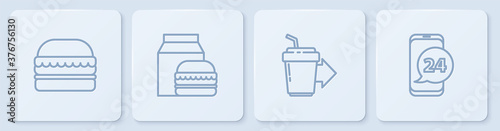 Set line Burger, Coffee cup to go, Online ordering and burger delivery and Food. White square button. Vector.