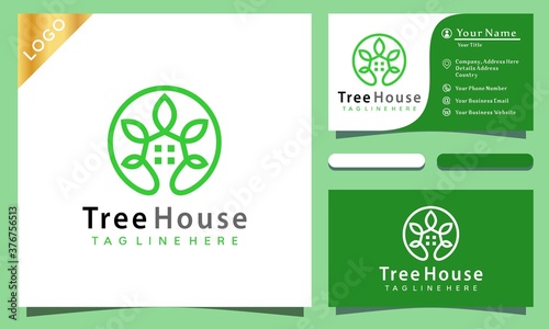 Awesome Tree House logo design vector illustration, minimalist elegant, modern company business card template