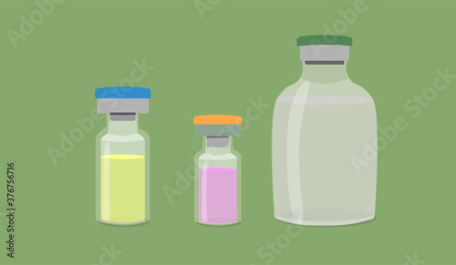 three glass vials with injection. two small ones with yellow and pink liquid and one large one with transparent liquid.